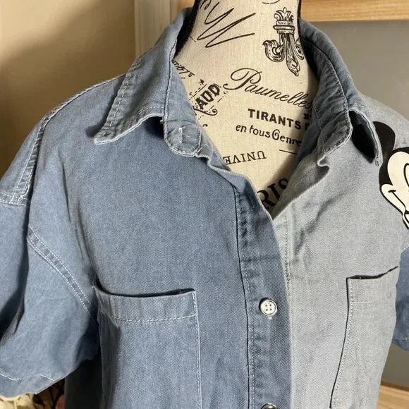 Disney Mickey Mouse Denim Button Up Shirt Women's Short Sleeve Character Top - Picture 4 of 5